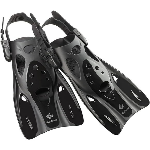 Reef Tourer Aletas de Snorkel para Niños y Adultos, Talón Abierto Ajustable, Aletas Compactas de Hoja Corta para Natación y Snorkel, Tamaño de Viaje, RF0106P, Negras, Grandes