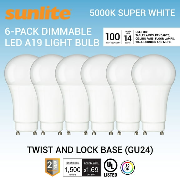 Sunlite LED A19 Light Bulb, 14 Watts (100W Equivalent), GU24 Twist and Lock Base, Dimmable,UL Listed, 5000K Super White, 6-Pack