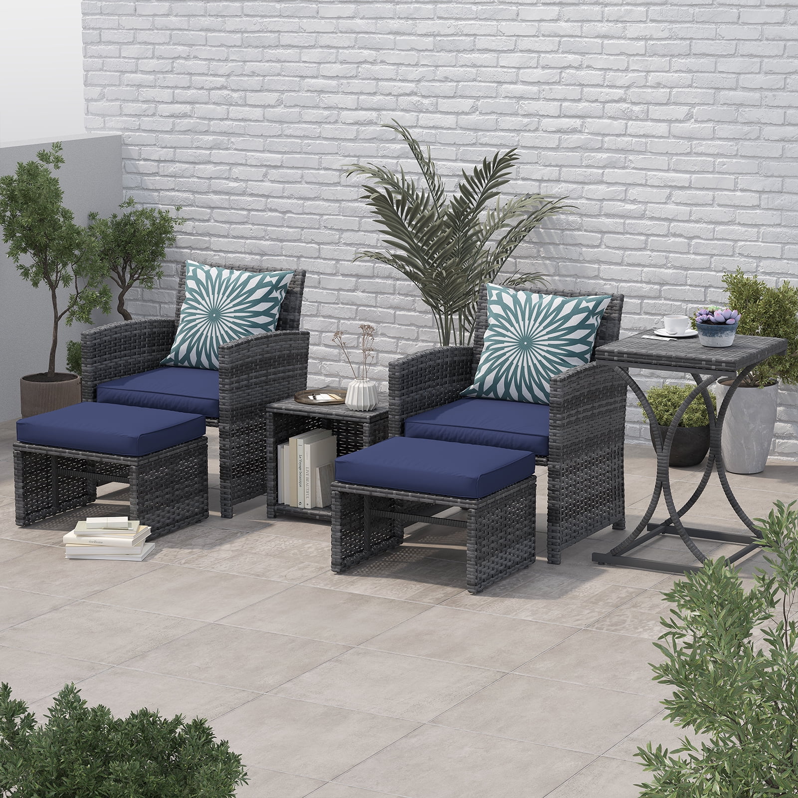 JOIVI 6 Piece Patio Furniture Conversation Set, with Ottoman, Outdoor Grey Wicker Chair and Table Set, Navy Blue