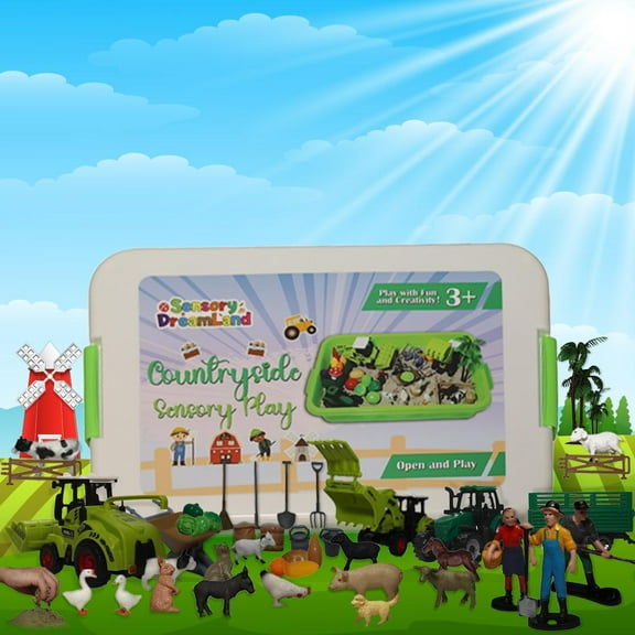 Sensory Dreamland 59 PCS Farm Sensory Bin – Sand Farm Toys with 2.2lbs Sensory Sand, Farm Animals, Farm Figures, Farm Tractors and Sandbox – Perfect Gift for Kids & Toddlers Ages (3-8)