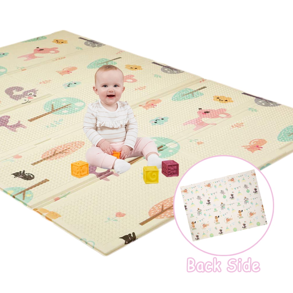 Thick Foam Crawling Mat Reversible Baby Play Gym Mat Non-Slip Portable Waterproof Easy to Clean for Infants Toddler and Kids Folding Baby Play Mat Cute Animal, 71 x 59 Extra Large 