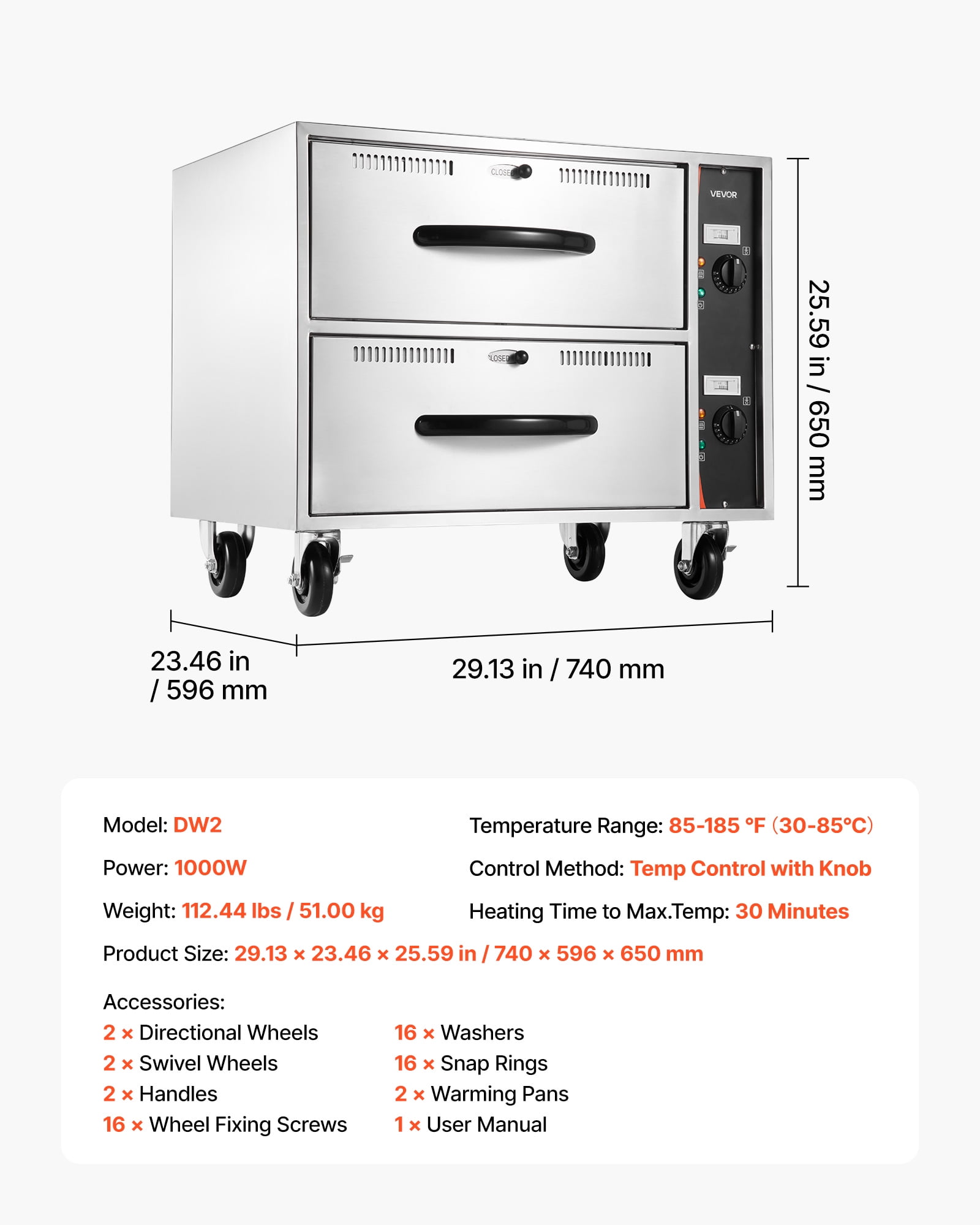 VEVOR Commercial Electric Drawer Warmer, Two-Drawer Stainless Steel Food Warmer, Freestanding Standard Warming Drawer Cabinet, 85°F–185°F Wide Temperature Range, for Restaurant, Hotel Buffet & Bakery
