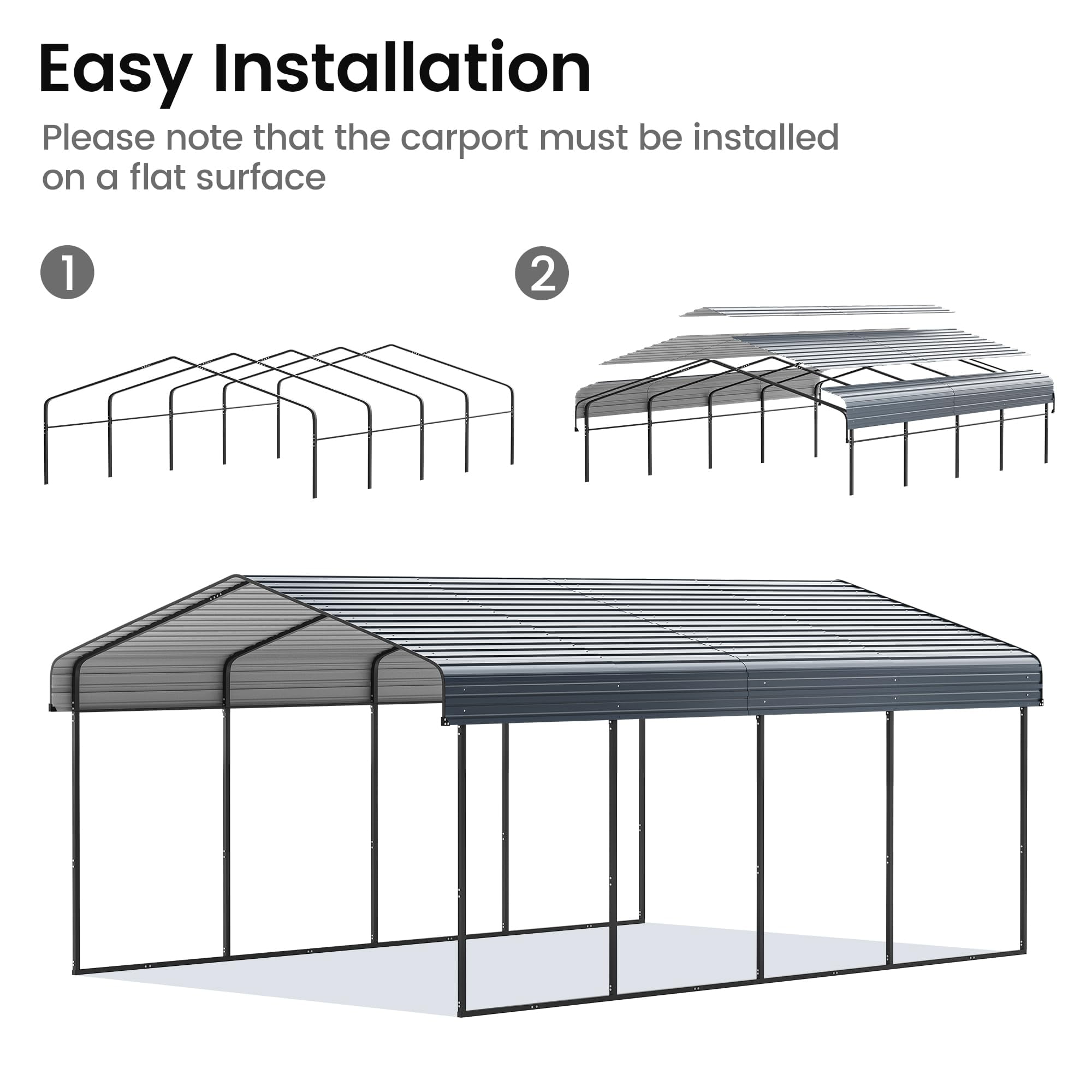JINSEED 12'x20' Metal Carport Heavy Duty , Outdoor Garage Car Shelter Shade, Galvanized Roof for Car SUV and Boat, Grey