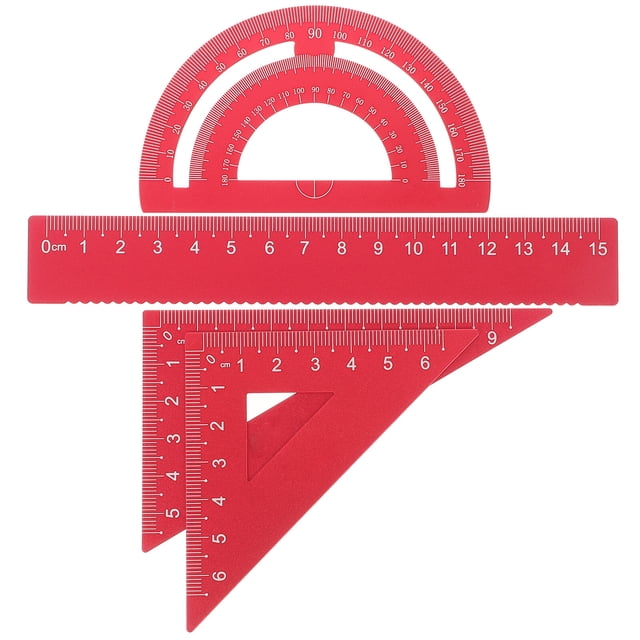 SHISUYAN 1 Ensemble de 4 Pcs Règle en Métal DIY Robuste Règle de Bureau en Métal Ensemble de Papeterie Plaque Triangulaire Protracteur Règle de Test pour Élèves Étudiants Rouge