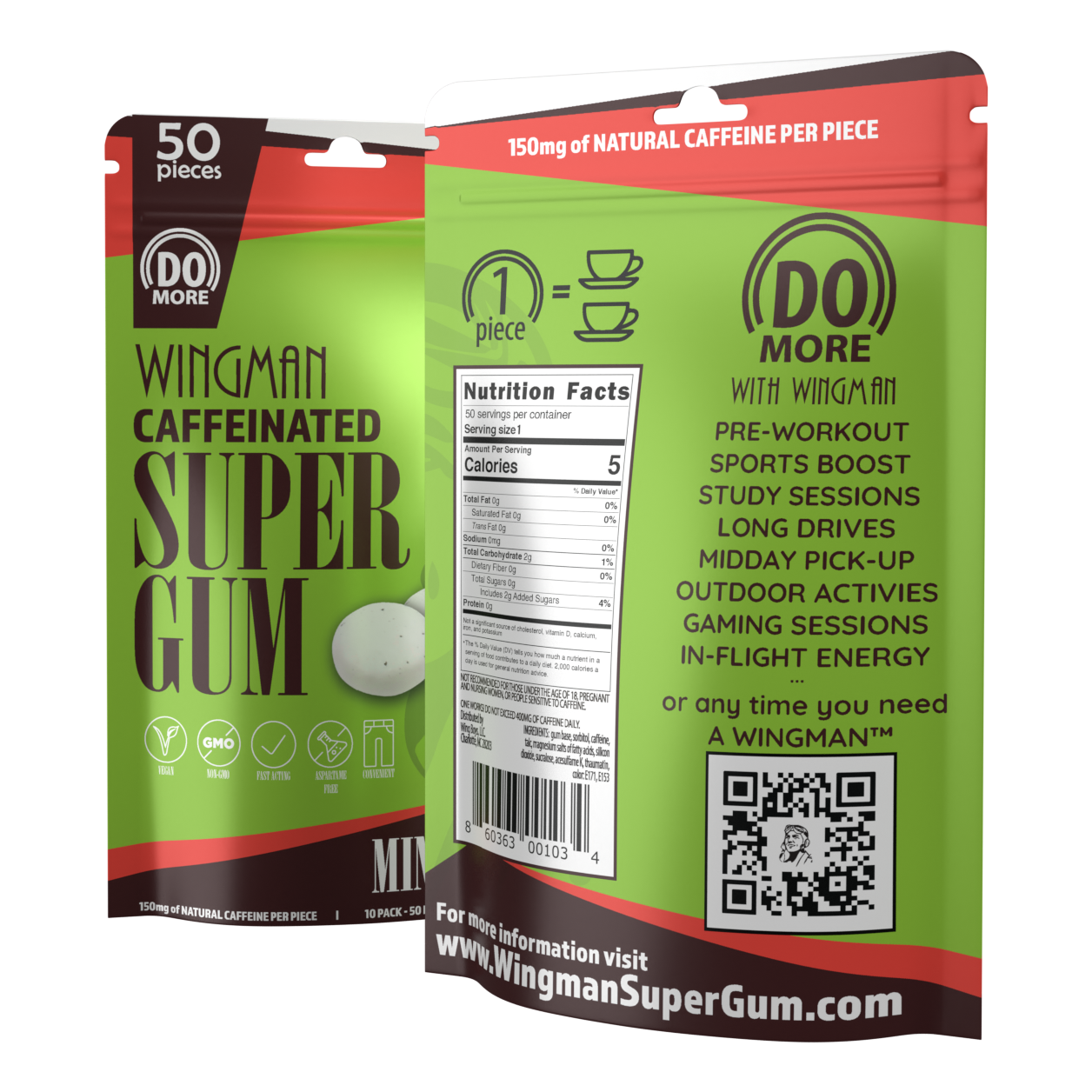 Wingman Caffeinated Super Gum - 50 Pieces of Super Energy Gum
