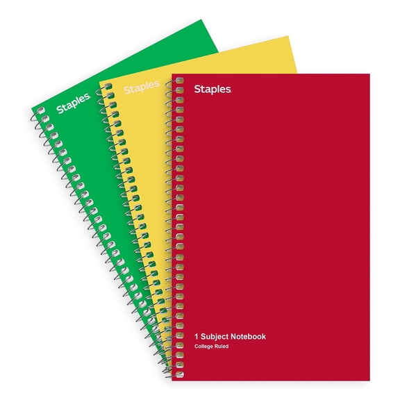 Staples 1-Sub Notebook 7x 5 Collg Ruled 80 Sh Asst 3/pk TR11670M/11670