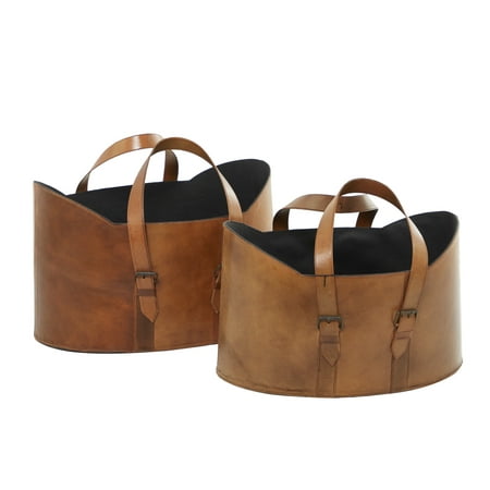 DecMode 21   20 W Brown Leather Handmade Box Style Single Slot Magazine Holder with Detail Stitching and Curved Handles (Set of 2)