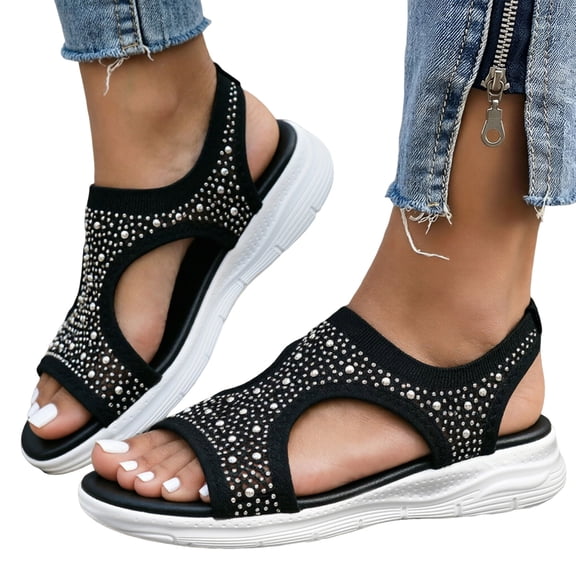 Rokment Women's Sparkly Rhinestones Comfortable Walking Sandals Slip on Air Cushion Arch Support Wedge Slingback Open Toe Platform Summer Shoes Breathable Beach Footwear Black Size 6