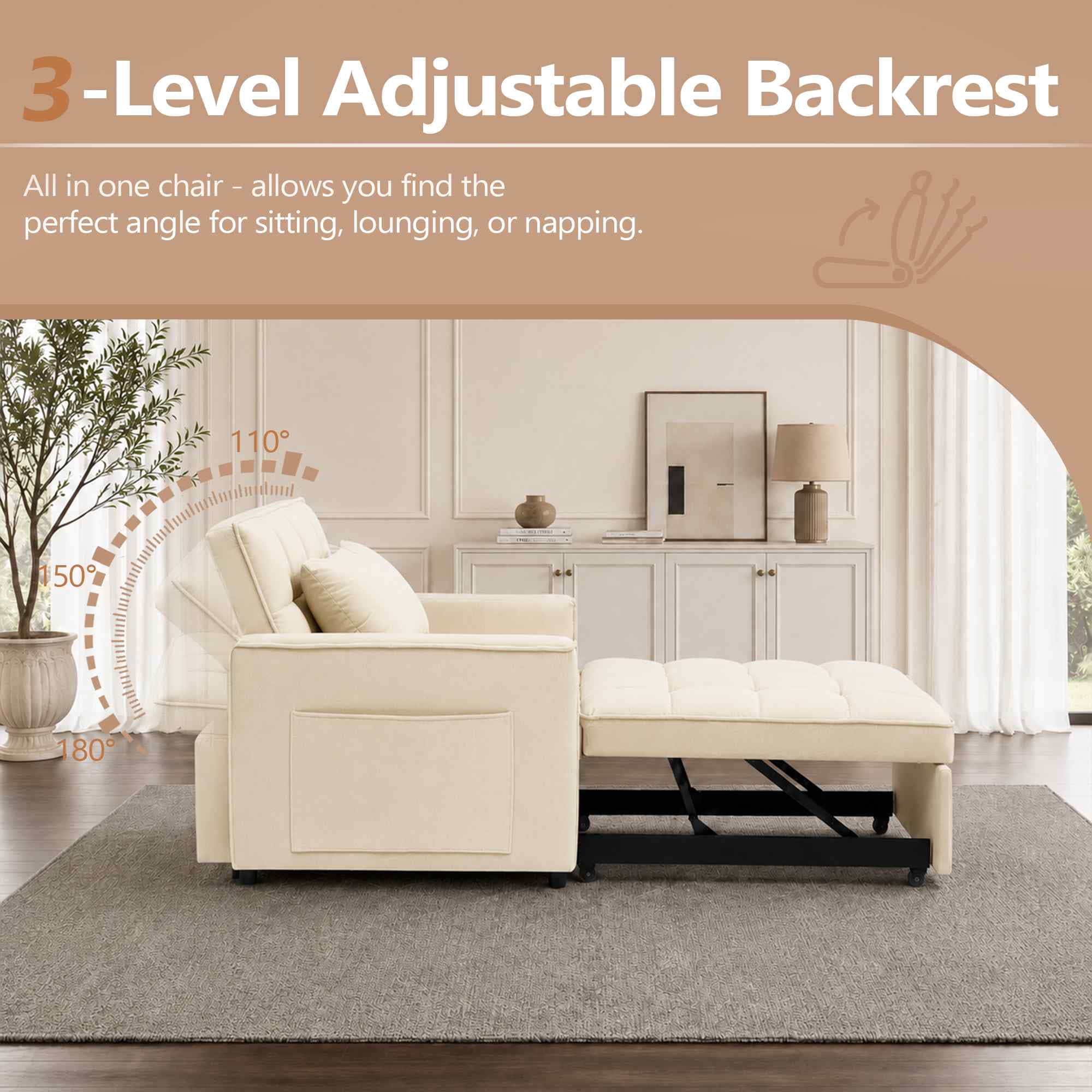 FFH Convertible Sofa Bed Recliner Chair with Adjustable Backrest, Couch for Living Room, Bedroom, Beige