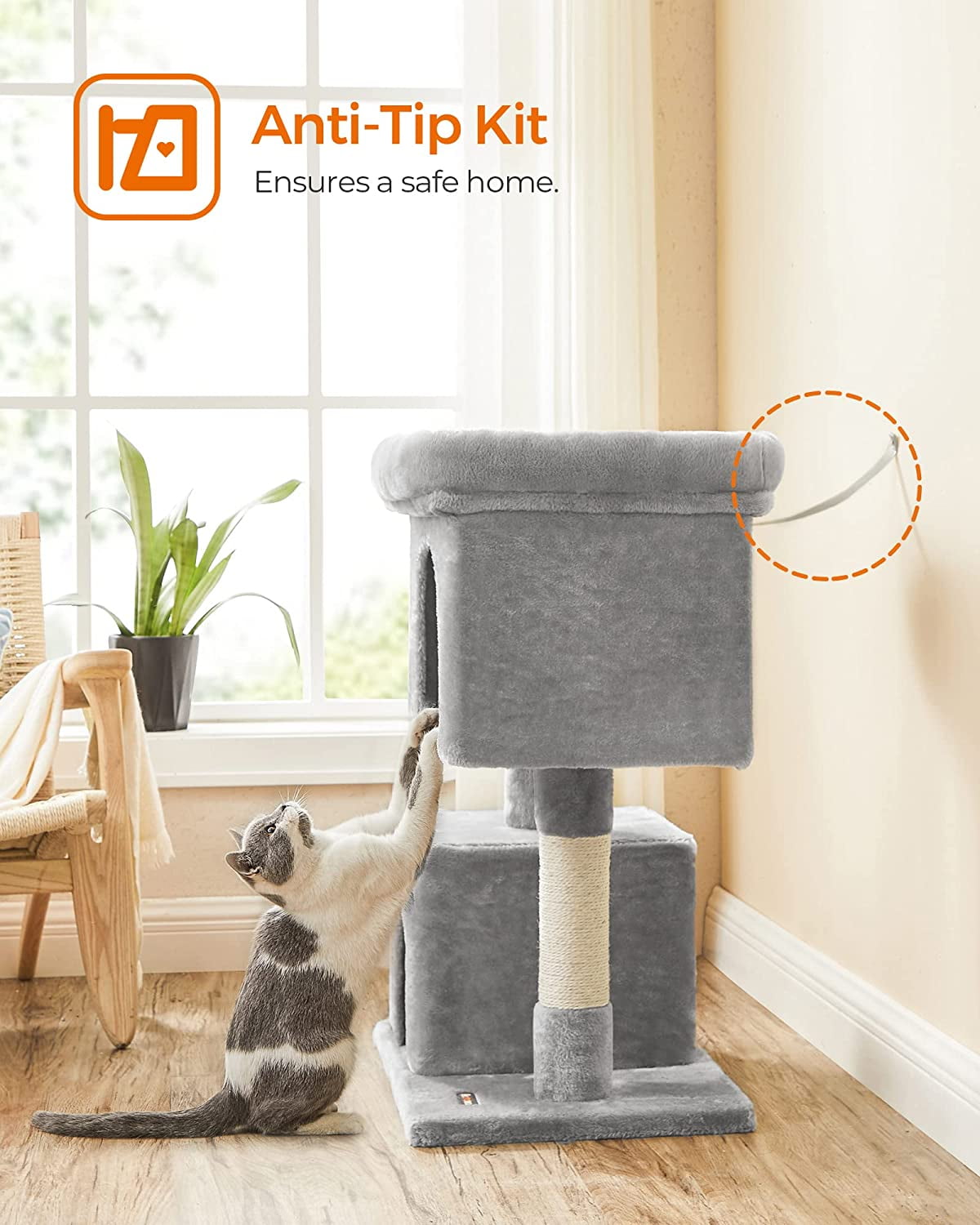 Cat Tree 33.1-Inch Cat Tower for Large Cats up to 16 lb, Large Perch, 2 Cat Caves, Scratching Post, Light Gray