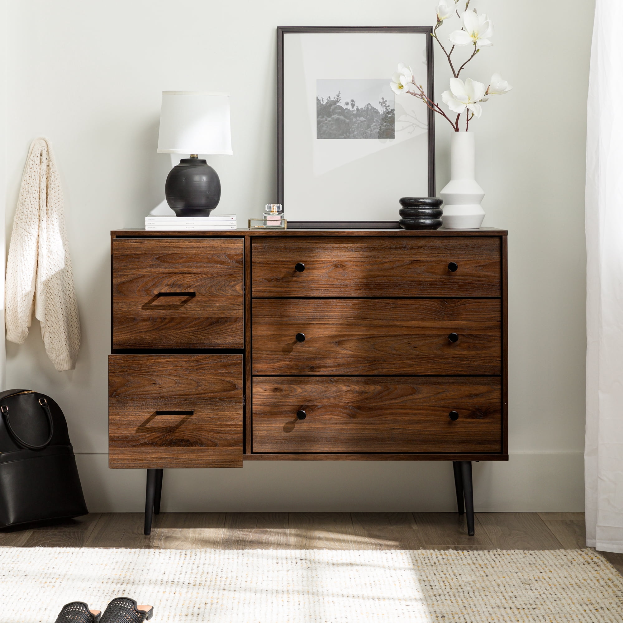Walker Edison Modern Asymmetric 5 Drawer Wood Dresser, Dark Walnut