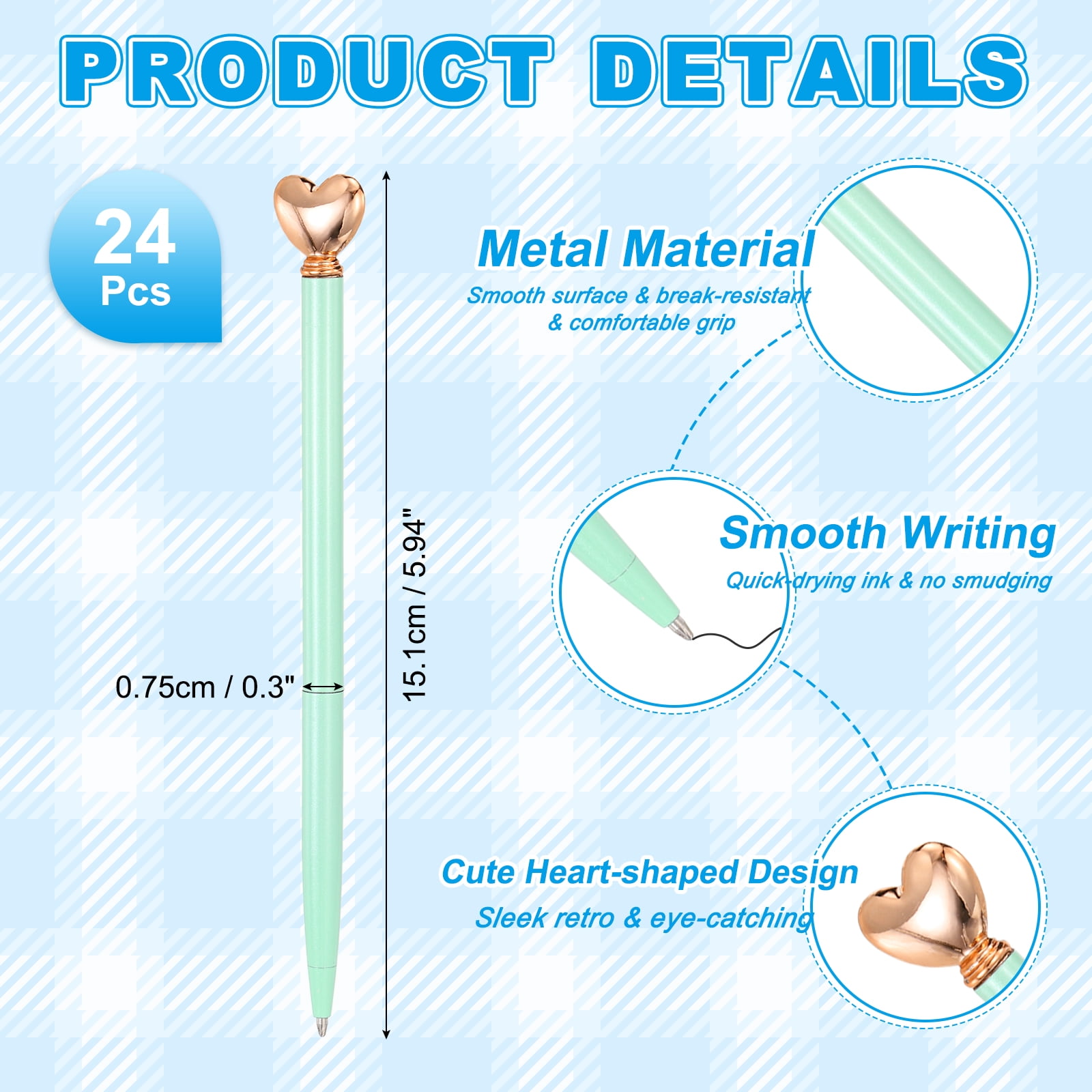 Uxcell Heart Pens 1.0 mm Black Ink, 24 Pcs Metal Cute Pens Heart Ballpoint Retractable for Women Wedding Office Party, Candy Green/Rose Gold