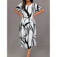 thumbnail image 3 of Black And White Plus Size Round Neck Short Sleeve All-Over Abstract Print Midi Casual Dress For Women Summer, 3 of 5