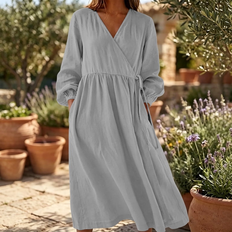 SAWOBUUN Womens Casual Wrap Midi Dress Long Sleeve V Neck Tie Waist Dress Beach Vacation Sundress