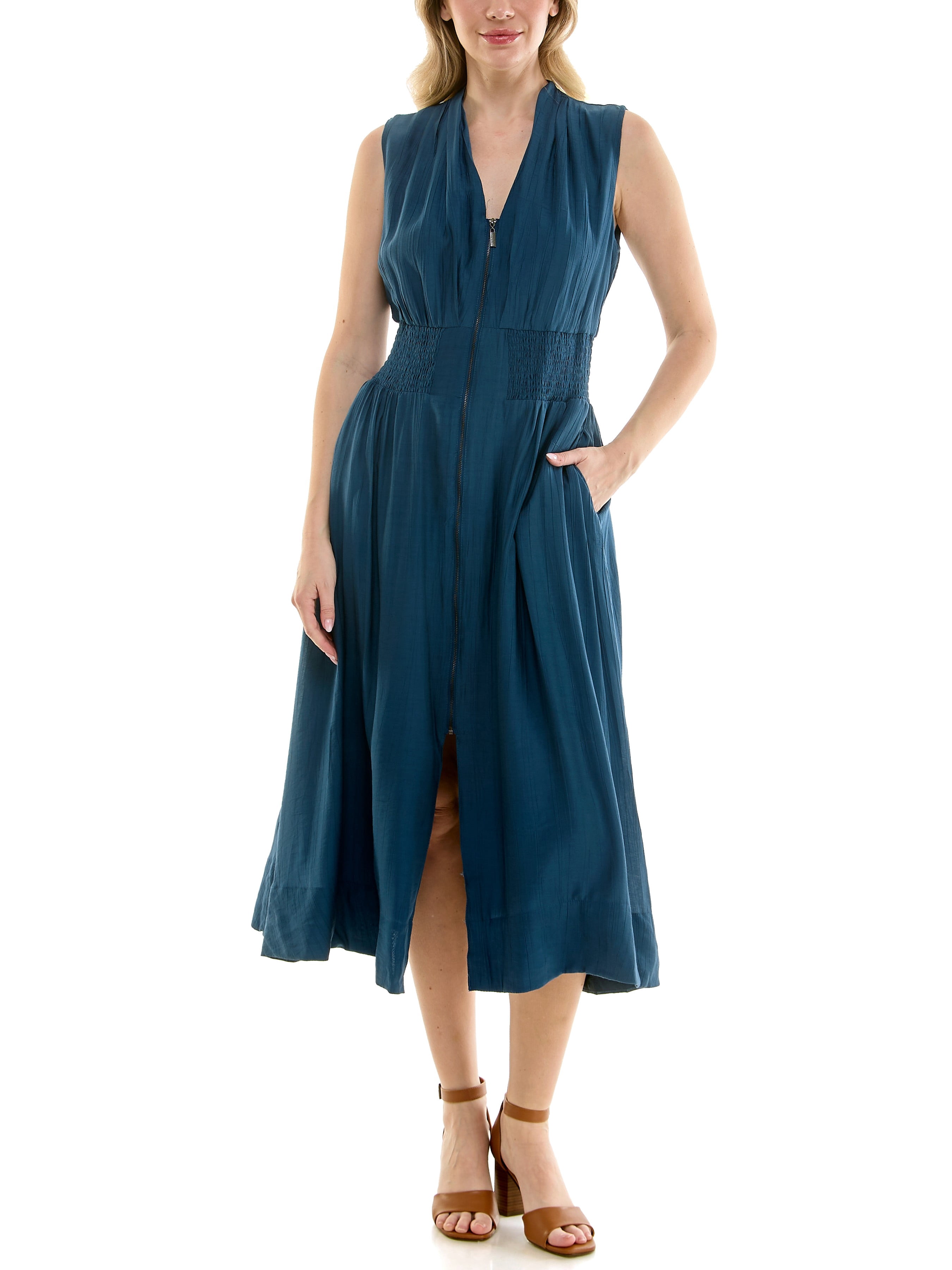 Sleeveless, V-Neck, smocked empire waist, zip front, fit & flare, midi dress in soft crinkle fabric,S-XL