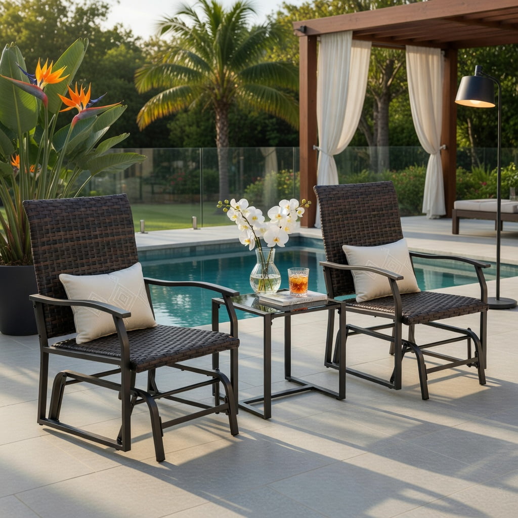 Hommoo 3-Piece All-Weather Patio Gliding Set with Tempered Glass Coffee Table, PE Rattan Outdoor Seating for Backyard, Poolside & Porch, Brown