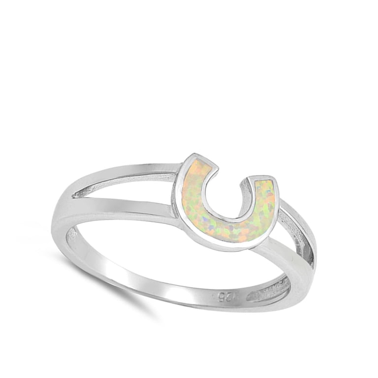 White Simulated Opal Horseshoe Good Luck Ring - .925 Sterling Silver Band, Size 7