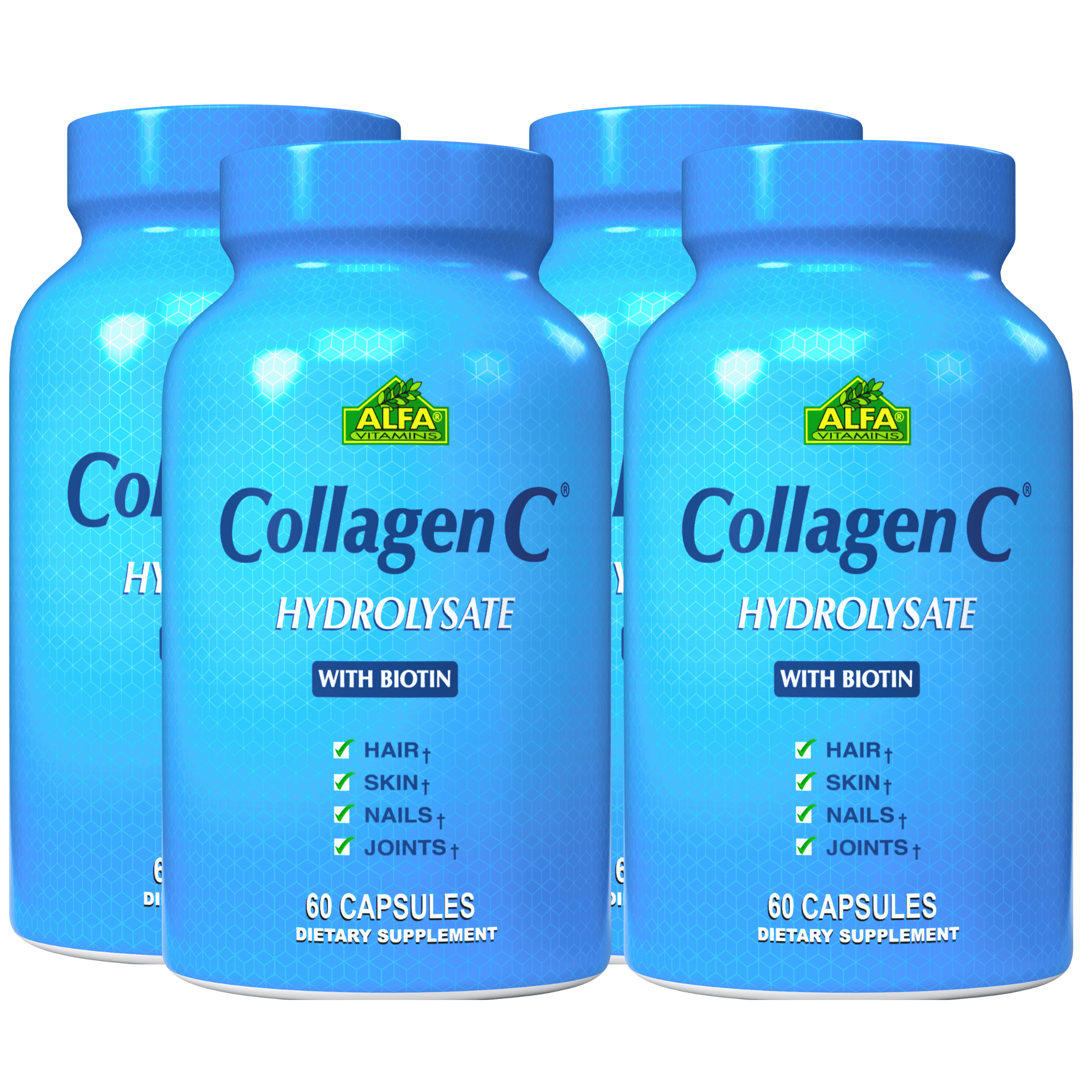 CollagenC Hydrolysate - Collagen Capsules with Biotin & Vitamin C - 60 Capsules per Bottle for Skin, Hair, Nails, Immune & Joint Support - 4 Pack