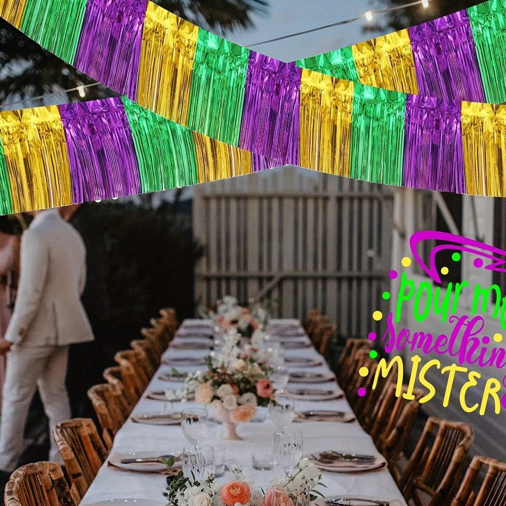 5pcs Green Gold Purple Foil Fringe Garland Metallic Tinsel Streamers Banner Fringe Backdrop Banner for Parade Floats Mardi Gras Birthday Party Homecoming Decoration
