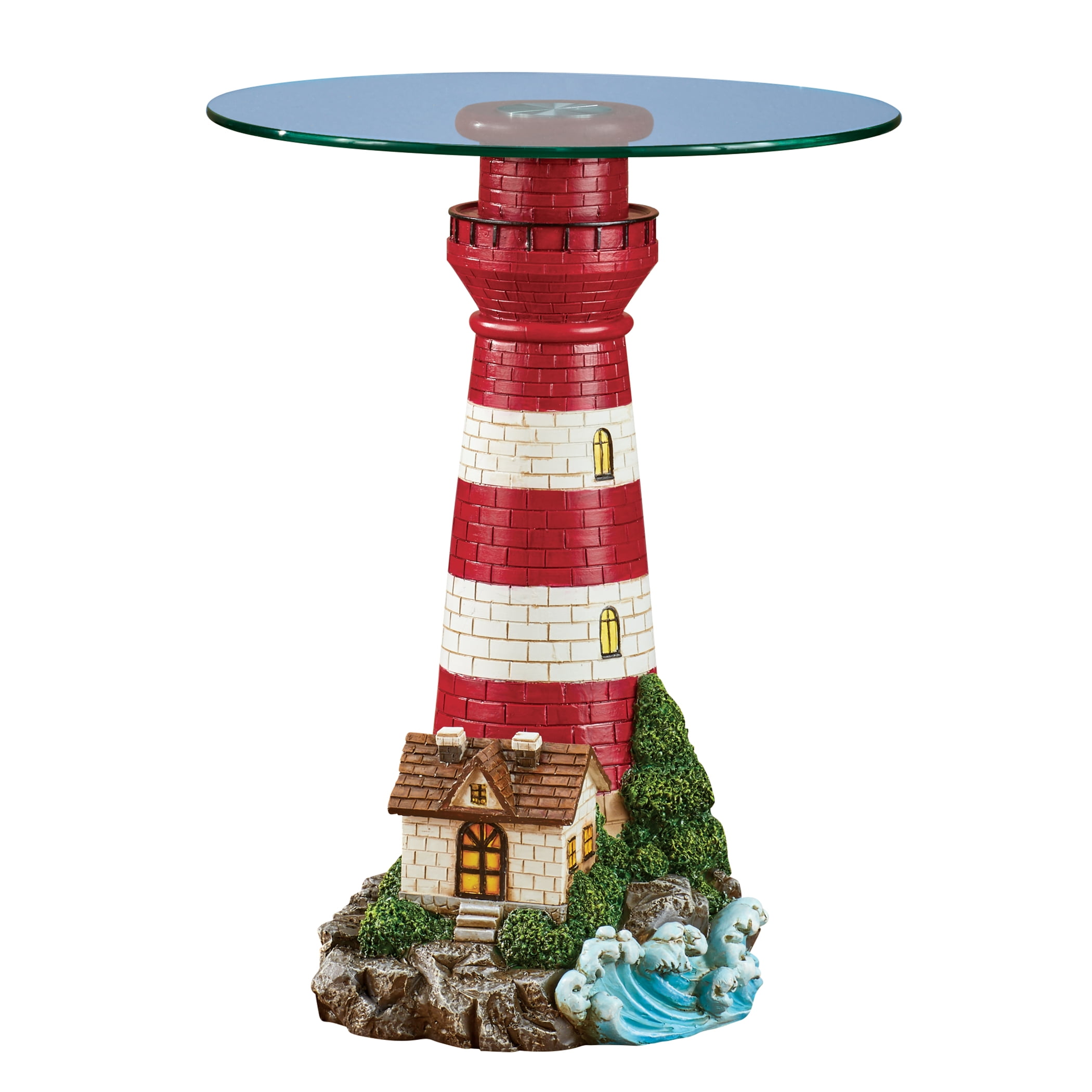 Nautical Lighthouse Glass Top Accent Table HandPainted Bricks