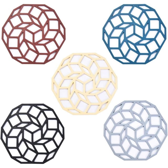 Kitchen Table Protectors, Set of 5 Hexagon Silicone Trivets, Heat Resistant Non Slip Mats for Hot Dishes, Flexible and Dishwasher Safe for Easy Cleanup