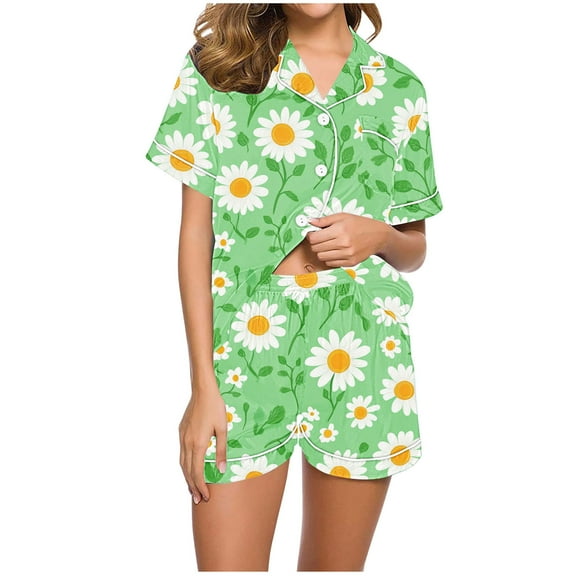 Ladies Pajamas Sets on Flower Print Pajamas for Women Set Plus Size Soft Pajamas Summer Lounge Set Dressy Casual Outfits