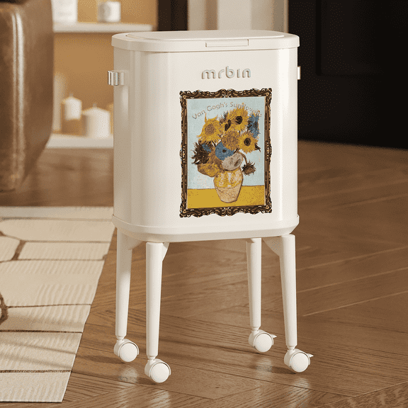 Mrbin Metal Slim Bathroom Trash Can with Legs and Wheels, 15L / 4gal Toilet Press Lid Waste Basket, Covered Office Garbage Pail for Near Desk, Narrow Vanity, Rvs, Kitchen, Sunflower