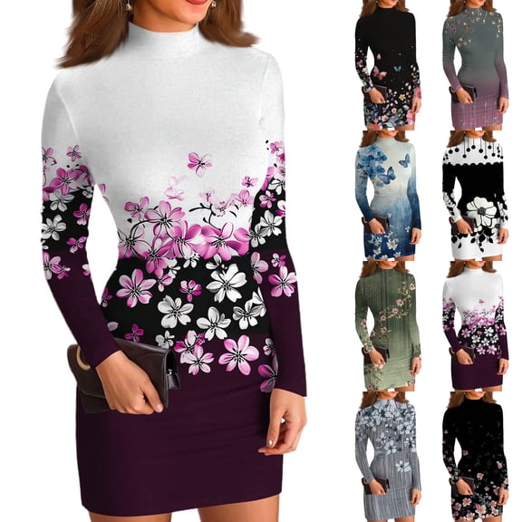 Women's High-Neck Casual Long Sleeve Vintage Floral Printed Slim-Fit Dress for Spring and Autumn Gatherings,Black,L