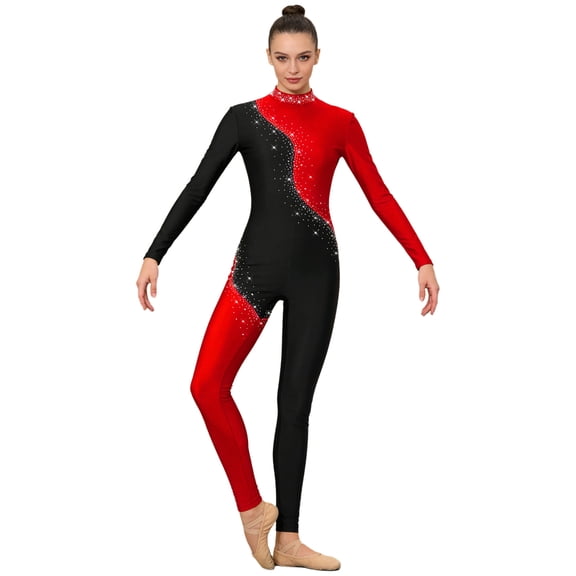 Eandarui Women Full Body Gymnastics Unitard Back Zipper Ballet Skating Catsuit Leotard One Piece Dance Bodysuits Red XL