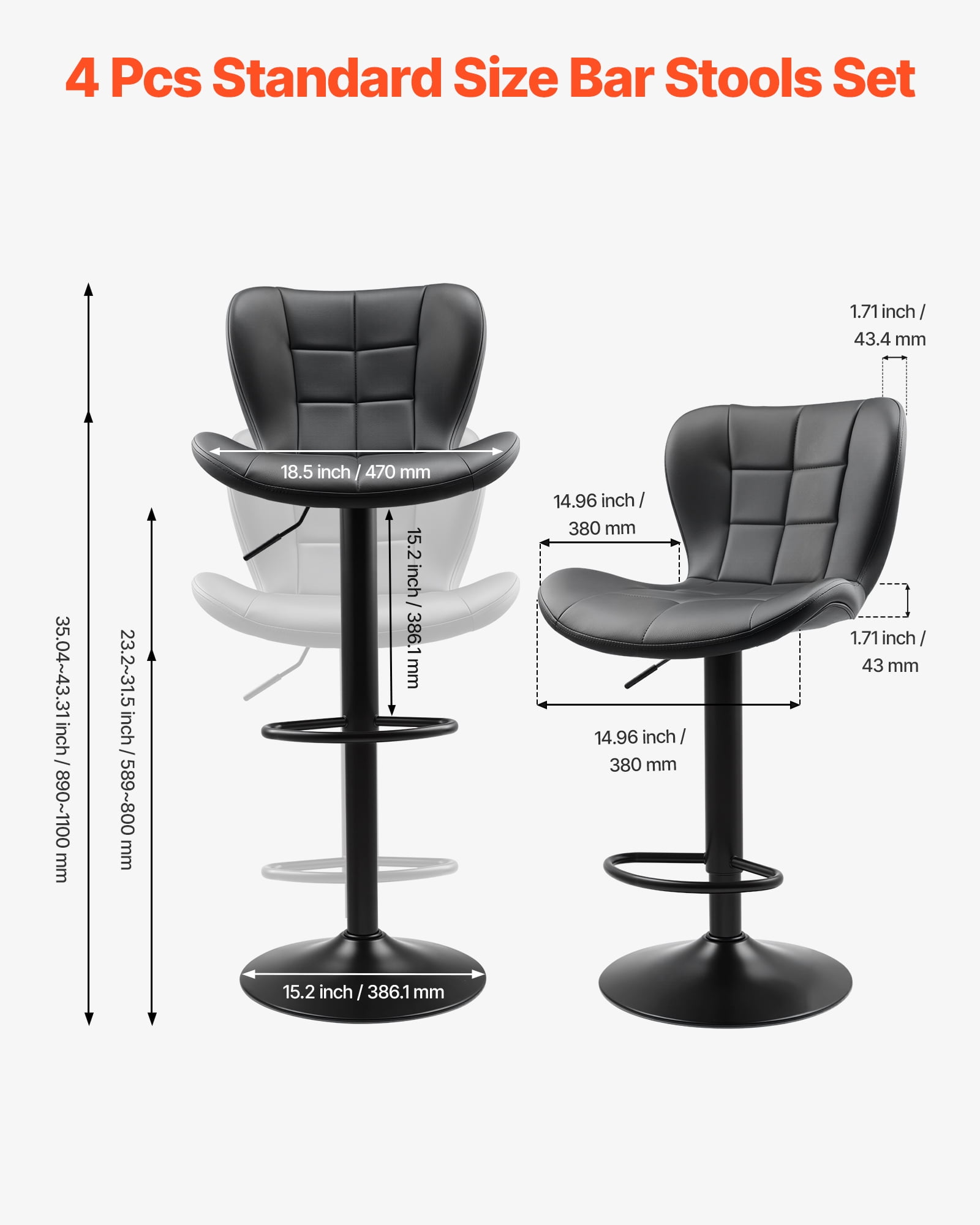 VEVOR Bar Stool Set of 4,Modern PU Leather Counter Height Stools,Swivel Kitchen Barstool with Back and Footrest, Height Adjustable Armless Bar Chair, Island Barstools for Kitchen, Dining Room, Black