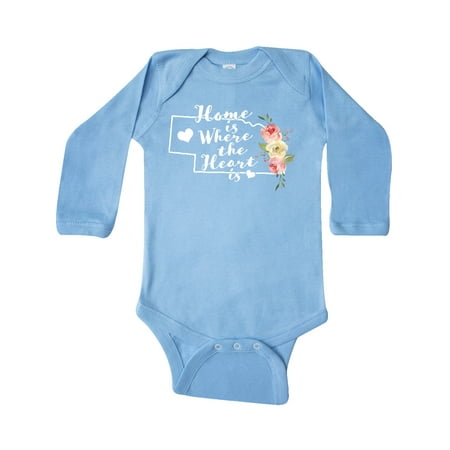 

Inktastic Nebraska Home is Where the Heart is with Watercolor Floral Gift Baby Boy or Baby Girl Long Sleeve Bodysuit