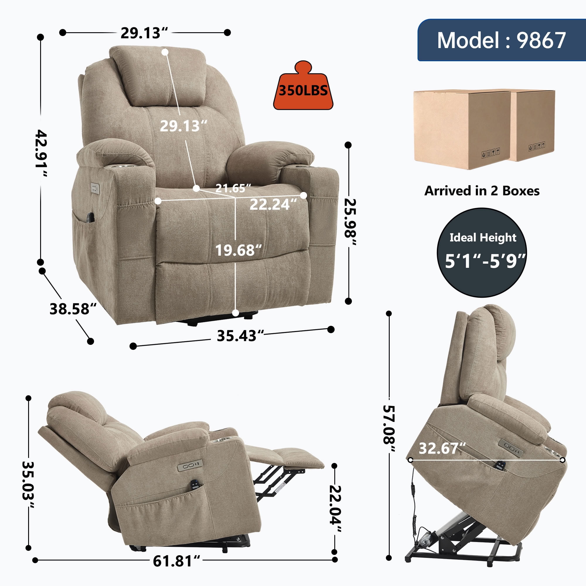 MAYEERTY Power Lift Recliner Chair for Elderly, Chenille Single Motor Electric Recliner with 8-Point Vibration Massage & Lumbar Heat, for Living Room Bedroom