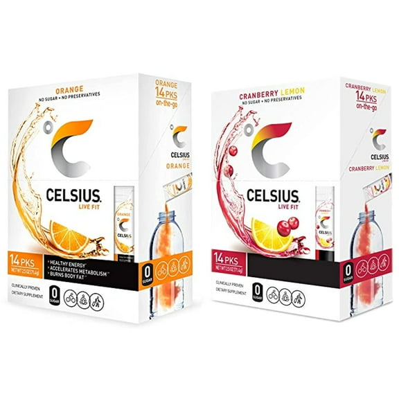 Celsius On-The-Go Powder Stick, Combo Pack Of Orange And Cranberry Lemon, 14 Pieces Assortment - Pack Of 2 Packaing may vary