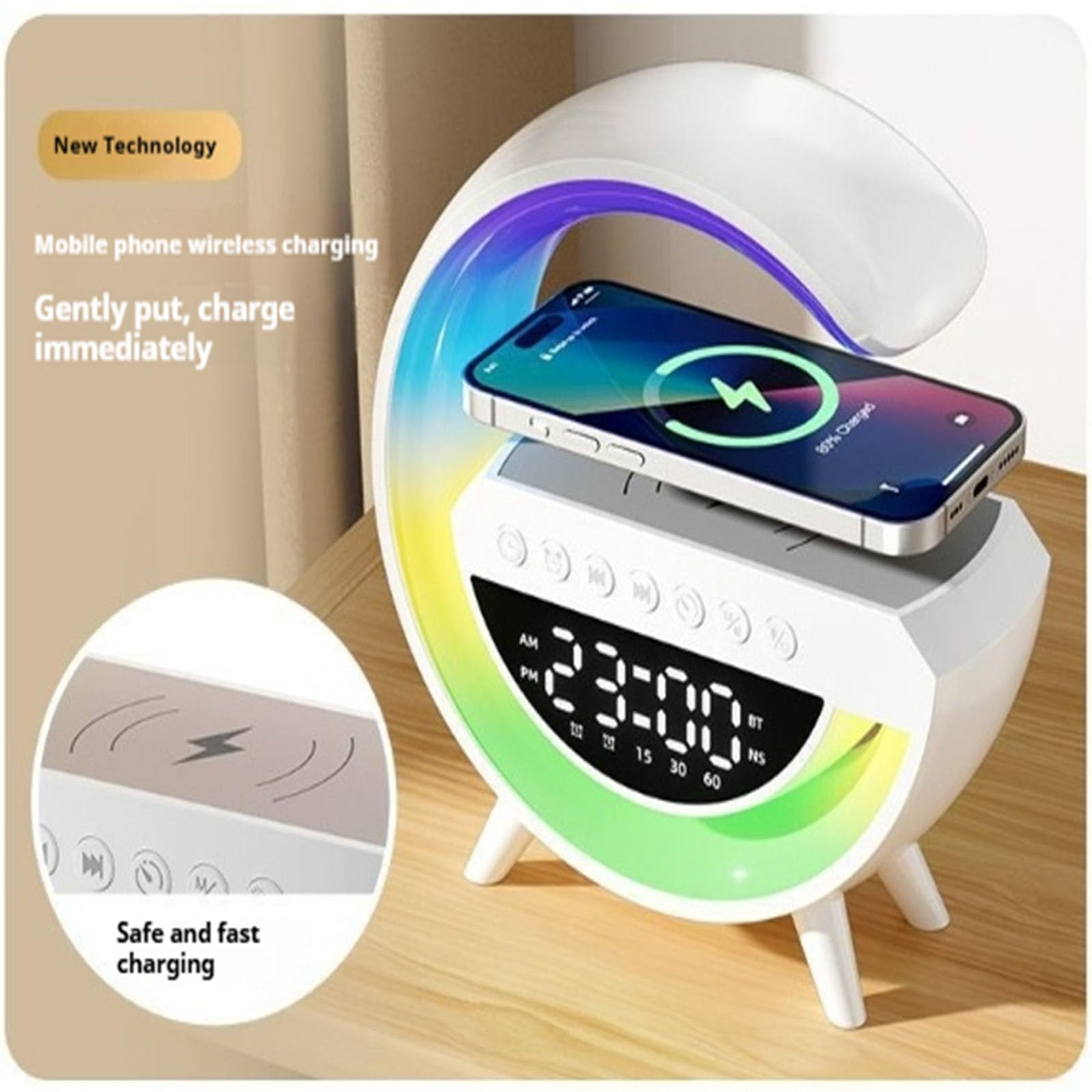 HPZZ LED Wireless Speaker Charger, Atmosphere Bedside Light with Wireless Charging Station,Music Lit Lamp 4 in 1 Alarm Clock Gifts Idea for Family(2301)