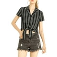 thumbnail image 6 of MODA NOVA Junior's Striped Button Up Short Sleeve Tie Front Crop Shirt Black L, 6 of 6