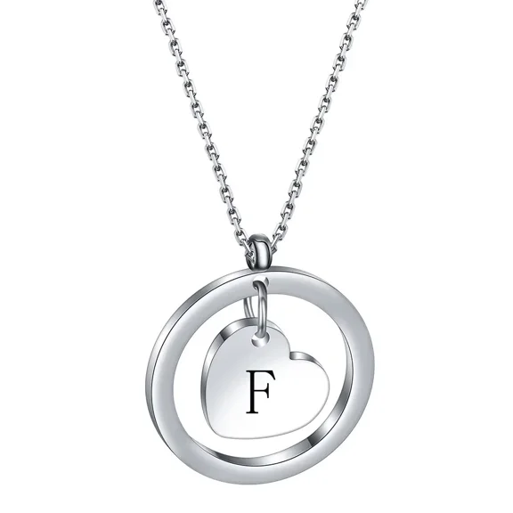 HIJONES Women's Stainless Steel Dainty Round Openwork Love A-Z Alphabet Necklace Simple Classic Pendant Anniversary Jewelry Letter F