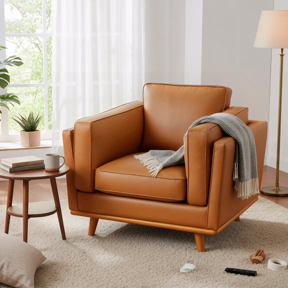 MCombo 41.9'' Wide Genuine Leather Accent Chair for Living Room, Office, Cognac Tan