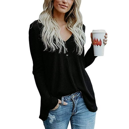 - Womens Long Sleeve Henley Blouse Fall Button Down Pullover Knit Loose Leisure Stylish Sexy Knit Sweaters Tops