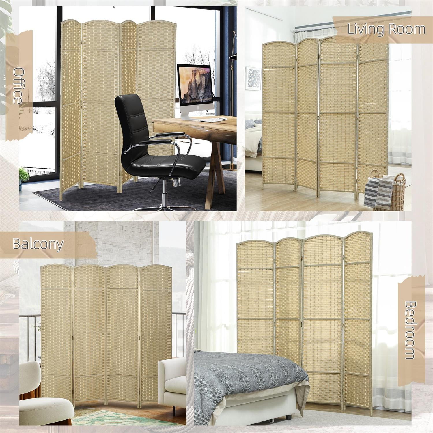 Demi Bonn 4 Panel Folding Room Divider Screen, 5.6' Tall Privacy Screen, Home Office Partition, Space Saving Design, Easy to Assemble, Beige