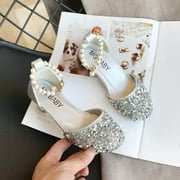 7-8 Years Girls Sandals Glitter Dress Shoes Princess Crystal High Heels Party Wedding Toddler Shoes Girls Cute Fashion Sequin Pearl Chain Non-slip Leather Princess Shoes Silver