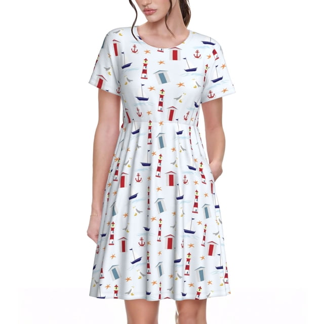 Disketp Nautical Lighthouse Sailboat para Vestido de Manga Corta para Mujeres, Vestidos de Verano para Mujeres, Casual y Holgado para la Playa