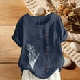 thumbnail image 2 of Stamzod Short Sleeve Tops for Women Trendy Flower Printed Imitation Cotton Linen Shirts Casual Summer Blouses for Women Oversized Vacation Outfits Navy-2 XXXXXL, 2 of 5