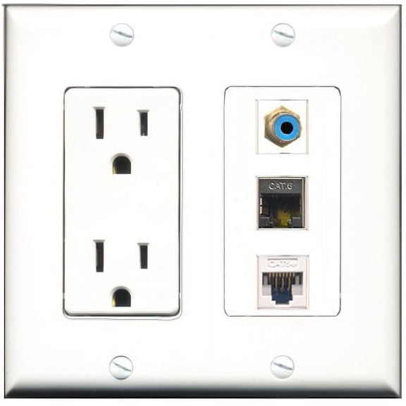 RiteAV - 15 Amp Power Outlet 1 Port RCA Blue 1 Port Shielded Cat6 Ethernet Ethernet 1 Port Cat5e Ethernet White Decorative Wall Plate