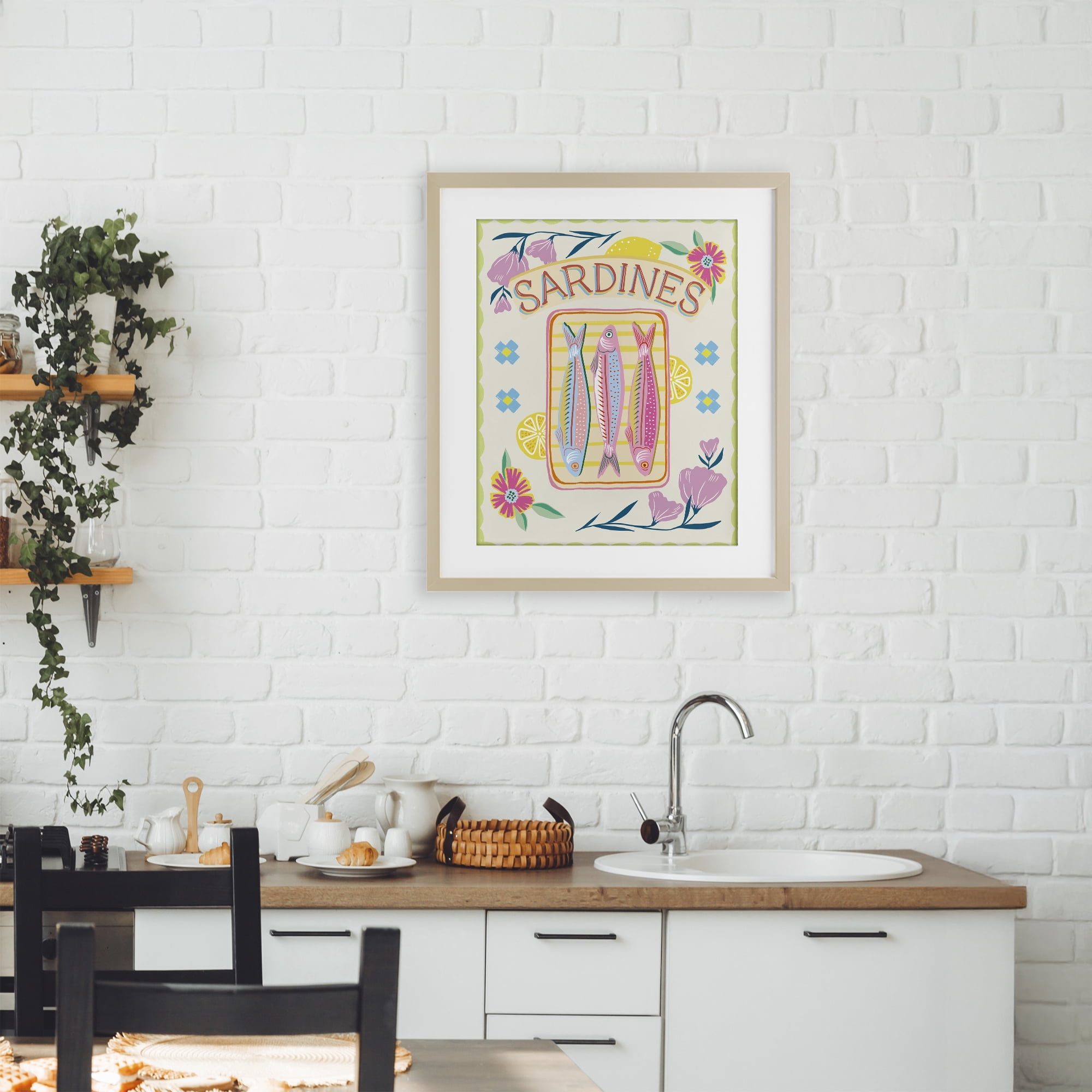 Stupell Industries Pastel Sardines & Flowers Birch Framed Print Under Glass, design by Jo Reid
