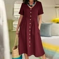 thumbnail image 2 of JINMGG Dresses for Women 2026,Fashion Women Summer Casual V-Neck Solid Short Sleeve Button Pocket Cotton Linen Dress Wine-A XXXXL, 2 of 9