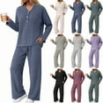 thumbnail image 2 of felwors Women 2 Piece Pajamas Sets Long Sleeve Casual Ribbed Lounge Set Fall Pj V Neck Loungewear Outfit Blue, XXL, 2 of 8