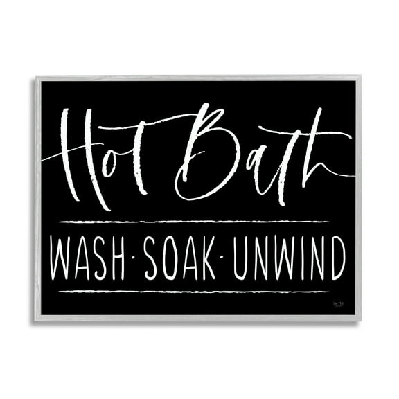Stupell Industries Hot Bath Wash Soak Unwind Bathroom Typography Graphic Art Gray Framed Art Print Wall Art, Design by Lux Me Designs