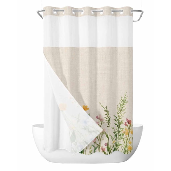 No Hook Cloth Fabric Shower Curtain with Snap in Liner, Botanical Florals Waterproof Shower Curtains Set with See Through Top Window, Farmhouse Spring Budding Wildflowers Bath Curtains Shower 36"x78"