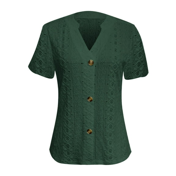 Hvot&aat Ladies Elegant Eyelet Embroidery Short Sleeve Tops Solid Color V Neck Button Casual Blouses
