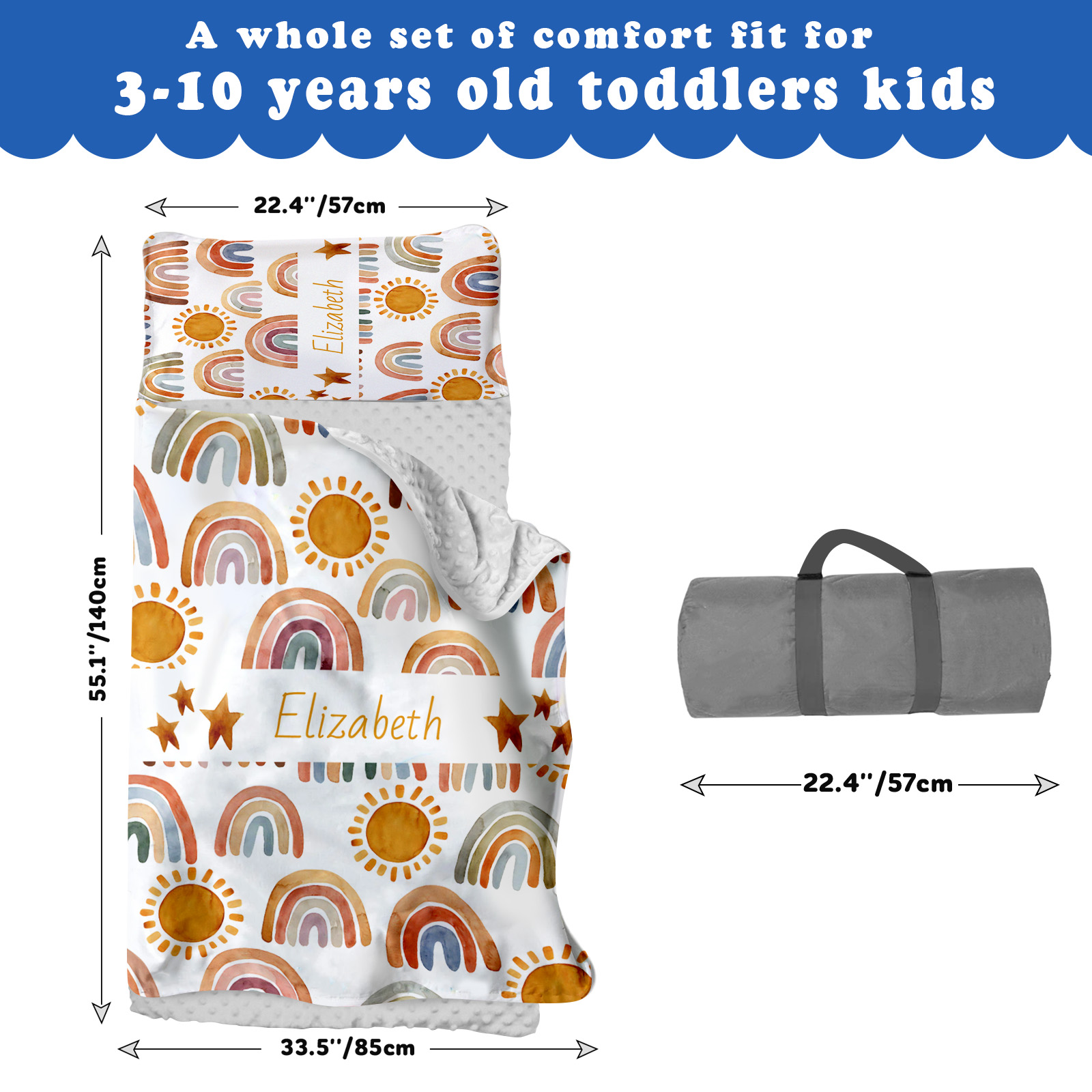 AOLOA Custom Toddler Nap Mat, Personalized Baby Name Sleeping Bag for Preschool Daycare Kinder, Sleeping Mat Bedding Set with Blanket Pillow, Orange Rainbow Portable Nap Sacks for Child Infant Girl